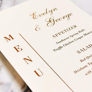 Menu weselne spersonalizowane - Karta menu, Dekoracja stołu, Menu niestandardowe, Menu dla gości, Menu ze złotą folią