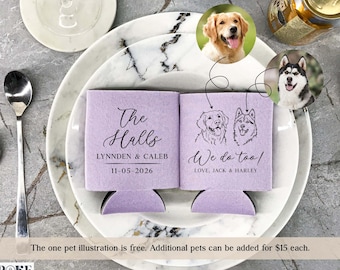Ilustraciones de mascotas personalizadas: enfriadores de latas para bodas, fundas para cerveza personalizadas, ilustraciones de perros y regalos de fiesta personalizados.