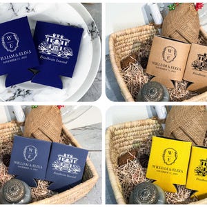 May include: Two sets of personalized can coolers in blue, brown, and yellow. Each set features a white monogram with the initials "W" and "E" and the text "William & Elina" and "November 11, 2023". The other cooler in each set features a black and white illustration of a house with the text "Frindheim Inwood".