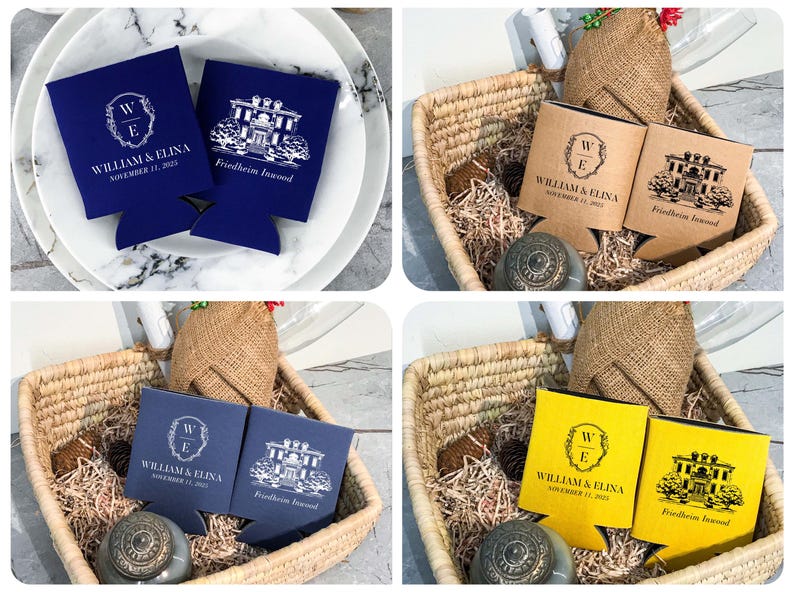 May include: Two sets of personalized can coolers in blue, brown, and yellow. Each set features a white monogram with the initials "W" and "E" and the text "William & Elina" and "November 11, 2023". The other cooler in each set features a black and white illustration of a house with the text "Frindheim Inwood".