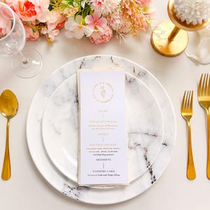 Cardápio de casamento com emblema - Cardápio de casamento personalizado, Cardápio personalizado para convidados, Cardápio de casamento branco e dourado, Cardápio de papel