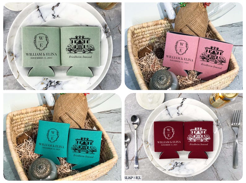 May include: Four sets of personalized can coolers in green, pink, teal, and red. Each cooler features a black and white illustration of a house with the text "Friedheim Inwood" and a monogram with the text "William & Elina" and the date "November 11, 2023".