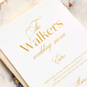 Menukaart goudfolie met achternaam - trouwmenu, tafeldecor op maat, gepersonaliseerde gunsten, menu premium papier