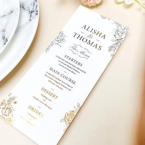 Menu de casamento branco e dourado - Menu de folha de ouro, menu de papel, menu impresso, menu de casamento personalizado