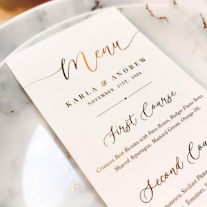 Personalisiertes Hochzeitsmenü - Gold- und Weiß-Menü, Benutzerdefiniertes Menü, Papier-Menü, Weißpapier-Menü, Roségold-Menü, schwarzes Papier-Menü