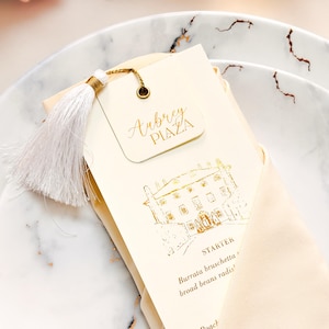 Cardápio de casamento com ilustração do local - Cardápio de casamento personalizado, Cardápio de casamento de papel, Cardápio com cartões de lugar, Cardápio com borla