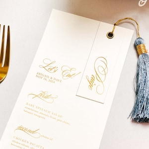 Cardápio de casamento - Cardápio com marcador de lugar, Cardápio personalizado para convidados, Lembrancinhas de casamento, Cardápio dourado e branco, Cardápio prateado, Cardápio impresso em folha metálica