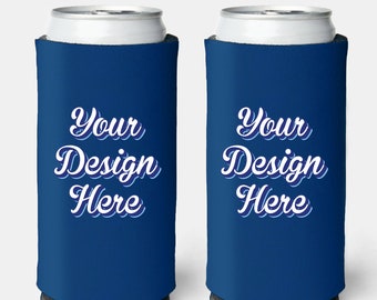 May include: Two blue neoprene can coolers with white text that says "Your Design Here".