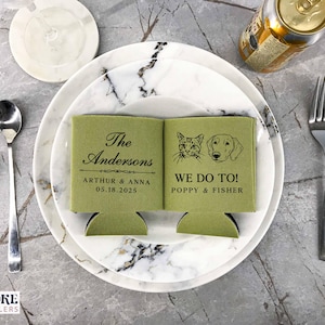 Refrigeradores de latas para casamento de animais de estimação - Refrigeradores de casamento personalizados, lembrancinhas de casamento, ilustrações de animais de estimação, lembrancinhas de mesa de casamento, refrigeradores de cerveja