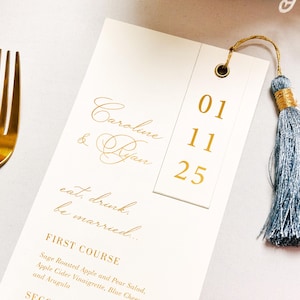 Eleganckie menu weselne - Menu z datą i nazwą, Złote menu, Srebrne menu, Spersonalizowane menu weselne, Niestandardowe menu papierowe, Menu drukowane folią