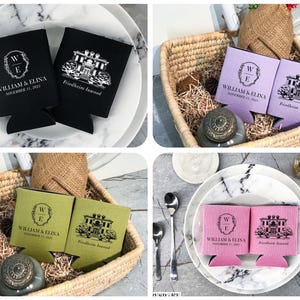 May include: Four sets of two black, green, purple, and pink can coolers with a white design. The design includes a monogram with the letters W and E, the text "William & Elina" and "November 11, 2021", and a drawing of a house with the text "Friedheim Inwood".