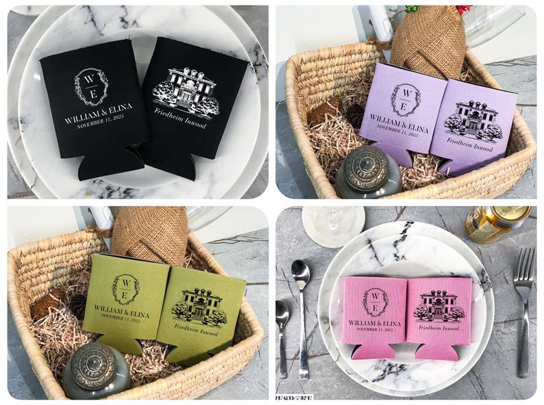 May include: Four sets of two black, green, purple, and pink can coolers with a white design. The design includes a monogram with the letters W and E, the text "William & Elina" and "November 11, 2021", and a drawing of a house with the text "Friedheim Inwood".