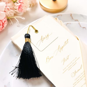 Cardápio de casamento com marcadores de lugar - marcadores de lugar personalizados para convidados, cardápio de casamento, cardápio dourado, cardápio de papel personalizado