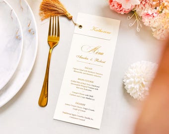 Menú de boda personalizado con tarjeta de nombre: menú de boda personalizado, menú blanco y dorado, menú impreso en papel, recuerdos de boda en papel.