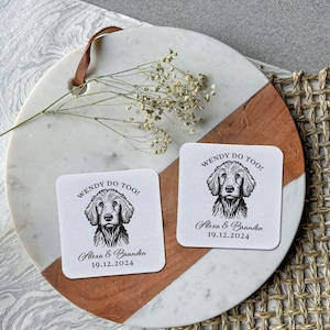 Posavasos con ilustración de mascotas: posavasos de boda personalizados, ilustración de mascota personalizada, obsequio de boda, adornos de mesa, posavasos para bebidas