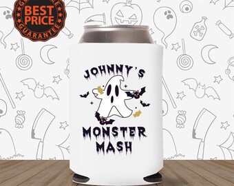 May include: White can cooler with a ghost and bats graphic. The text reads "Johnny's Monster Mash".