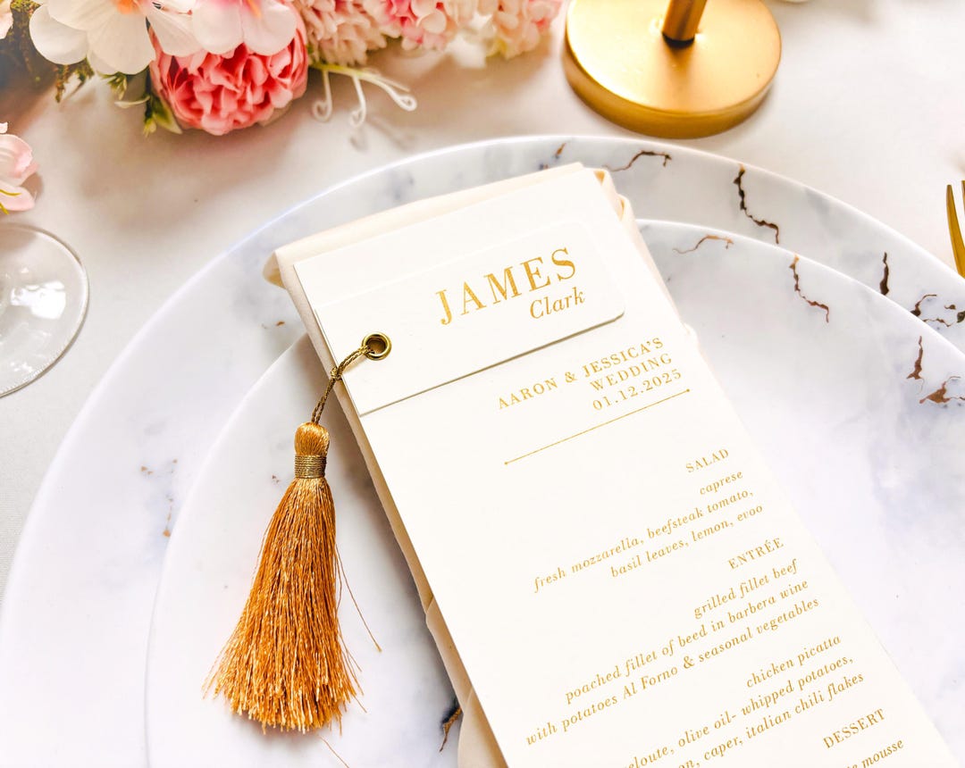 Personalised Paper Menu - Custom White Menu, White and Gold Menu ...