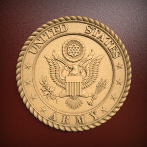 May include: A detailed, gold-colored United States Army emblem. The circular design features an eagle with outstretched wings, the words "UNITED STATES ARMY" and a ring of stars. The emblem is set against a dark red background.
