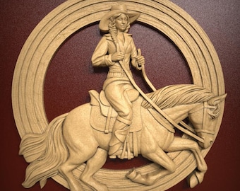 Exquisites Cowgirl, das galoppierendes Pferd reitet Western Art Wanddekor CNC-Projekt 3D Relief STL-Datei für CNC-Fräser Carving oder 3D-Harzdruck
