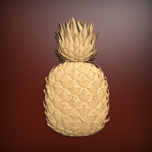 Op de afbeelding: Een papieren ananas in een lichtbruine kleur. De ananas is gemaakt van papier en heeft een realistische textuur.