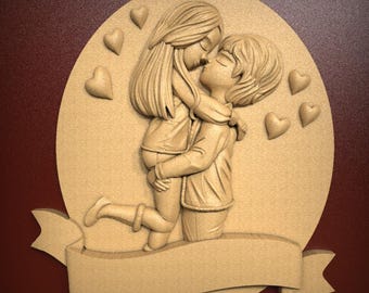 Romantic Couple Kissing with Hearts Relief Art, Love Embrace Valentine Gift 3D Relief STL File for CNC Router Carving or 3D Resin Printing