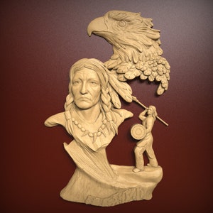 May include: A wooden carving depicting a Native American man with a feathered headdress, an eagle, and a warrior holding a spear and shield.