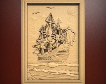 May include: A wooden carving of a ship with sails, a figurehead, and waves. The carving is framed in a light brown wood frame.