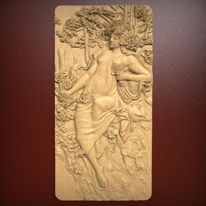 May include: A carved wooden relief sculpture of a woman in a flowing gown, surrounded by flowers and foliage. The woman is reclining with her head resting on her hand, and she is holding a bouquet of flowers in her other hand.