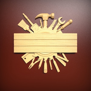 May include: A wooden carpentry tools design on a maroon background. The tools include a hammer, saw, brush, wrench, and ruler, arranged around a wooden plank. The design is a light brown color.