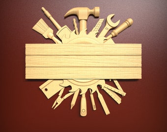 May include: A wooden carpentry tools design on a maroon background. The tools include a hammer, saw, brush, wrench, and ruler, arranged around a wooden plank. The design is a light brown color.