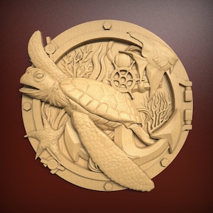 May include: A detailed wooden carving of a sea turtle, anchor, and starfish. The carving is set against a background of stylized seaweed and a ship's wheel.