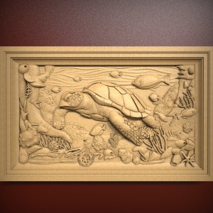 May include: A wooden carving of a turtle swimming in the ocean with coral and fish. The carving is in a light brown color and has a detailed design.