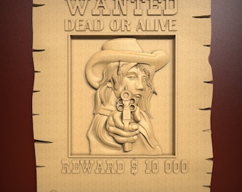 Arte de pared del cartel de recompensa occidental, archivo de relieve STL 3D para tallado y grabado de enrutador CNC