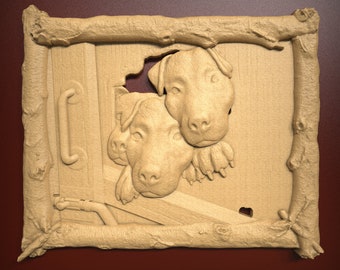 Excited Dogs, STL Relief file for CNC router carving, engraving