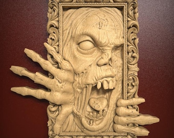 File STL in rilievo 3D con motivo di zombie horror spaventoso e dettagliato che esce da una cornice decorata per intaglio con router CNC o stampa 3D in resina.