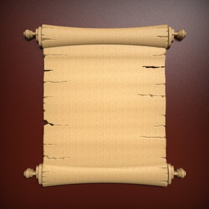 May include: A blank scroll with wooden rollers and decorative finials. The scroll is unfurled and has a light brown color.