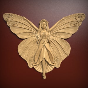 May include: A wooden sculpture of a fairy with wings outstretched. The fairy is wearing a dress and has a flower crown on her head. The sculpture is painted in a light brown colour.