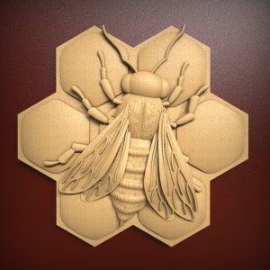 May include: A wooden carving of a bee on a honeycomb background. The bee is detailed with wings, legs, and a segmented body. The honeycomb is made up of hexagonal cells.