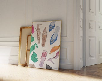 May include: A watercolour painting of various colourful shoes, including a pair of Gucci loafers, on a white background.
