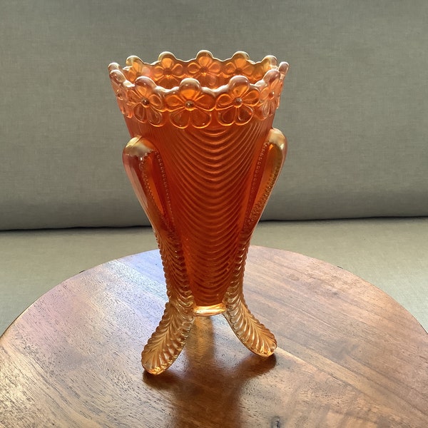 Daisy and Drape Marigold Orange Northwood Carnival Glass Vase with Flared Out Top