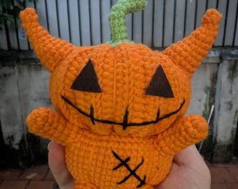 Pumpkin Devil Handmade Plush, Creepy Cute Monster Toy, Spooky Halloween Room Decor, Amigurumi Pumpkin, Macabre Goth Gift, Stuffed Plushie