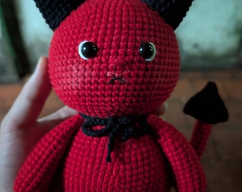 FIERY the Little Red Devil Handmade Plush, Creepy Cute Amigurumi Toy, Spooky Halloween Room Decor, Devil Doll, Goth Gift, Plushie