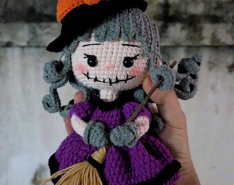 Witch Doll Handmade Plush, Creepy Cute Amigurumi Toy, Spooky Halloween Room Decor, Macabre Stuffed Doll, Goth Gift, Witchcraft Plushie