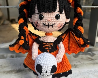 Pumpkin Bat Girl with Skull Handmade Plush, Creepy Cute Amigurumi Toy, Halloween Room Decor, Spooky Stuffed Animal, Goth Doll, Bat Plushie