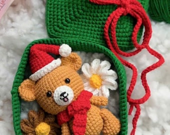 Crochet Christmas Bear Gift Box, Handmade Amigurumi Holiday Basket, Cute Xmas Keepsake Present