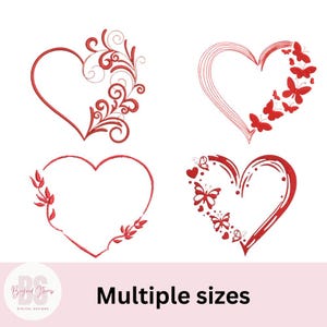 Könnte beinhalten: Vier rote Herzdesigns mit verschiedenen Verzierungen. Die Designs beinhalten ein Herz mit einer floralen Verzierung, ein Herz mit Schmetterlingen, ein Herz mit einer Ranken und ein Herz mit einem Wirbel. Der Text "Multiple sizes" befindet sich am unteren Rand des Bildes.
