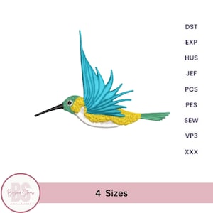 ハチドリの刺繍デザイン、鳥の刺繍ファイル、ハチドリの刺繍パターンPES DSTファイル、4サイズ即時ダウンロード