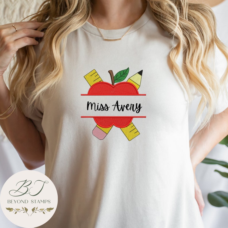 Apple and Ruler Split Monogram Embroidery Design, Back to School ...