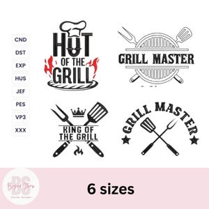 Può includere: Grafiche in bianco e nero a tema barbecue, con testi come "Hot of the Grill", "Grill Master" e "King of the Grill". L'immagine include anche il testo "6 sizes".