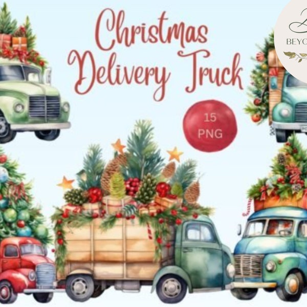 Christmas delivery truck clipart,Watercolor Christmas truck clipart, , make creative personalized gifts like pillows,cards,mugs,bags,hoodies